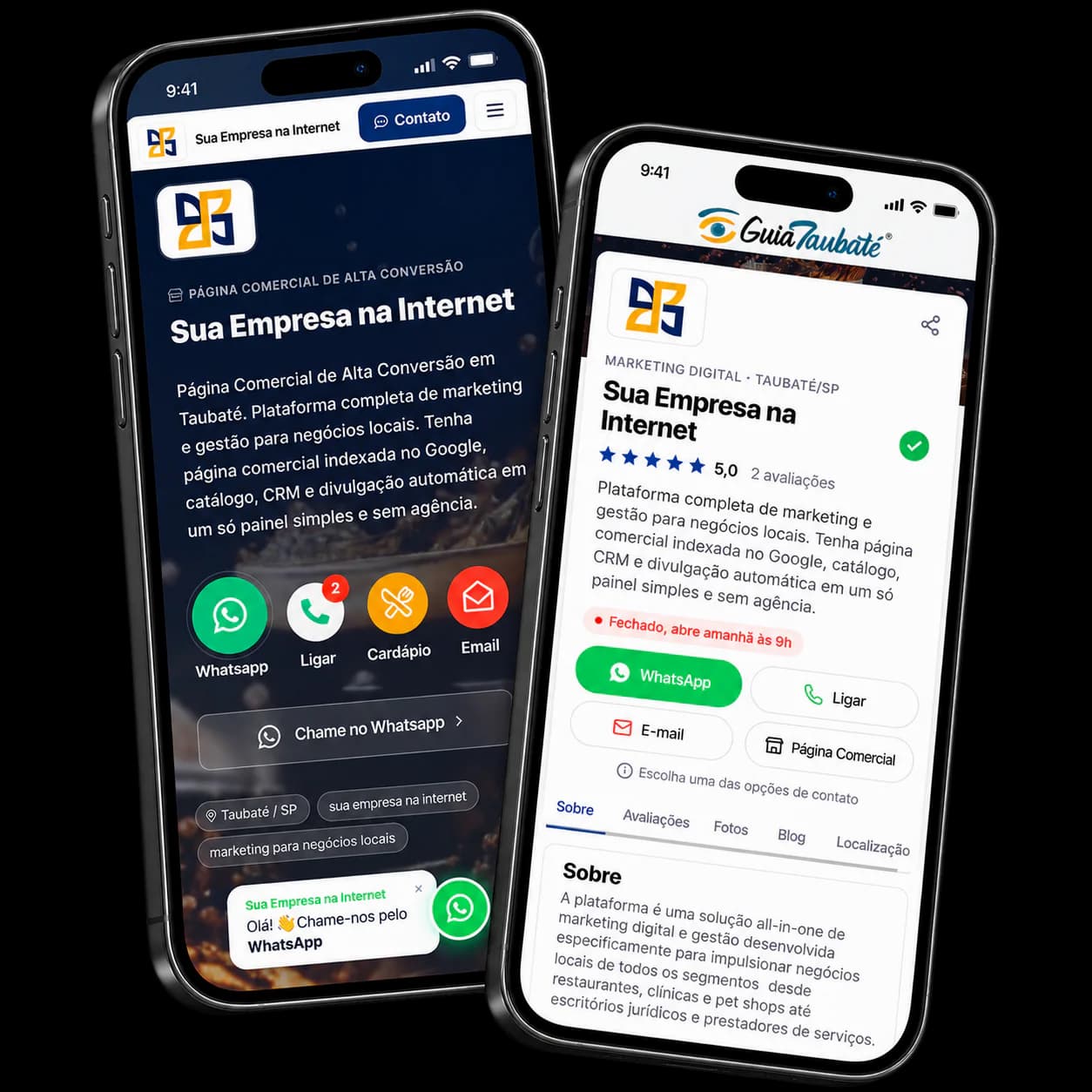 Página Comercial e Perfil da Empresa abertos em dois celulares